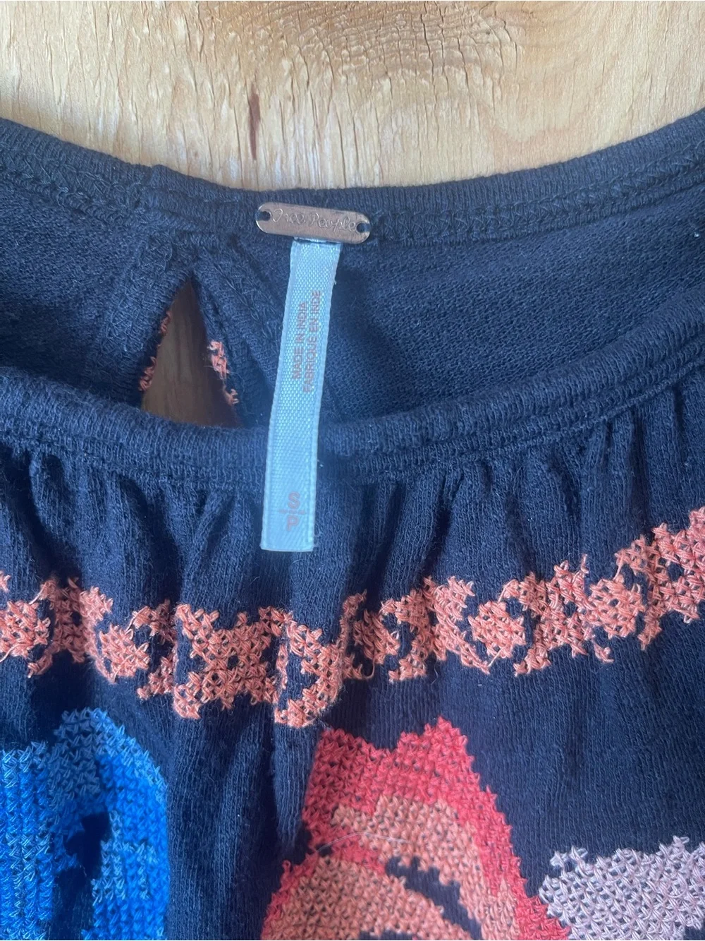 Free People Black Off-Shoulder Top with Multicolor Floral Embroidery
